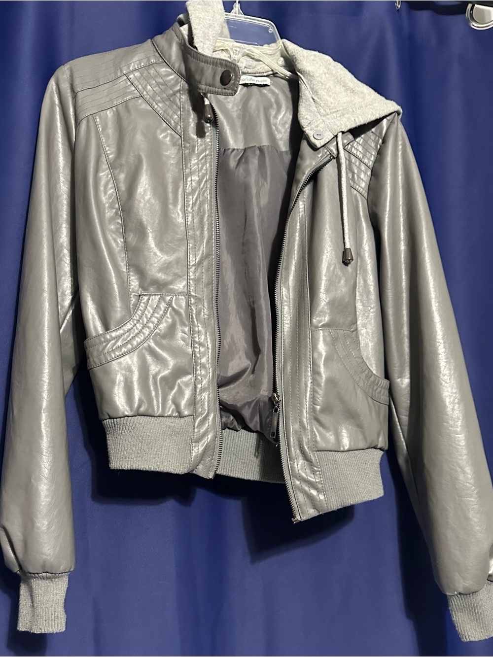 Charlotte Russe Gray Faux Leather Bomber Jacket with Hood